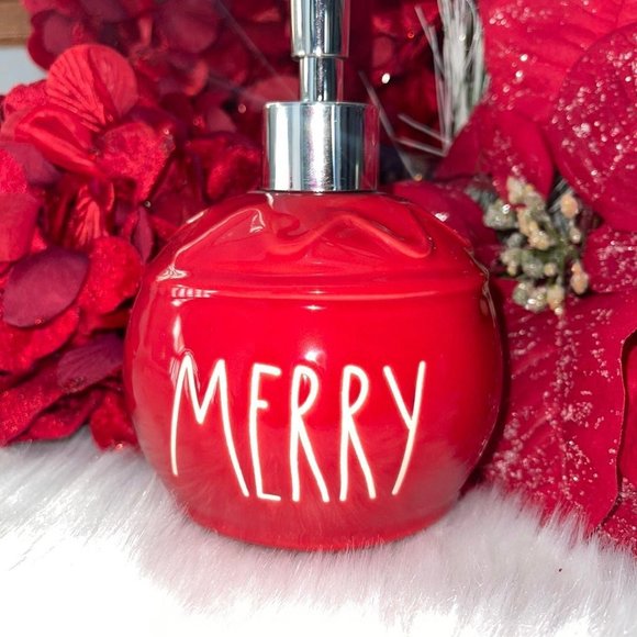 Brand NEW Rae Dunn Christmas RED Ceramic MERRY Ornament Soap Pump Dispenser - Picture 2 of 8